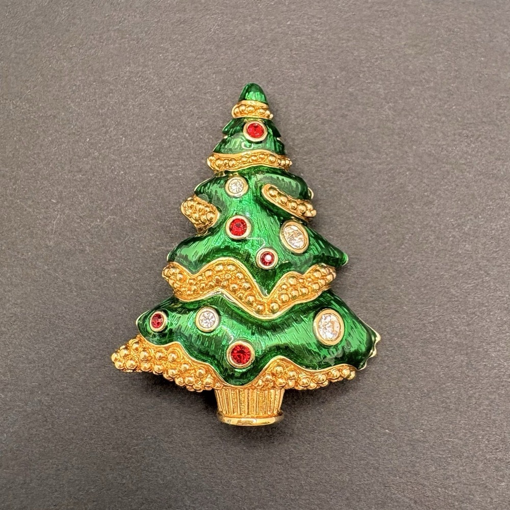 Vintage Swarovski Christmas Tree Green‎ Enamel Crystal Brooch Swan Signed